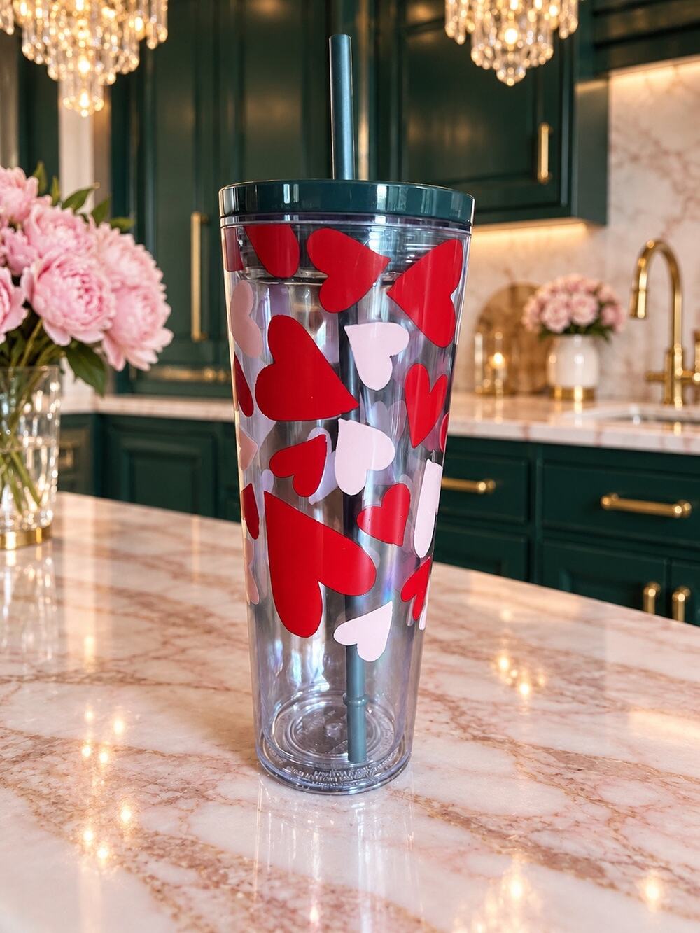 Starbucks 2025 Valentine Red Pink Hearts Clear Cold Cup Tumbler 24 oz